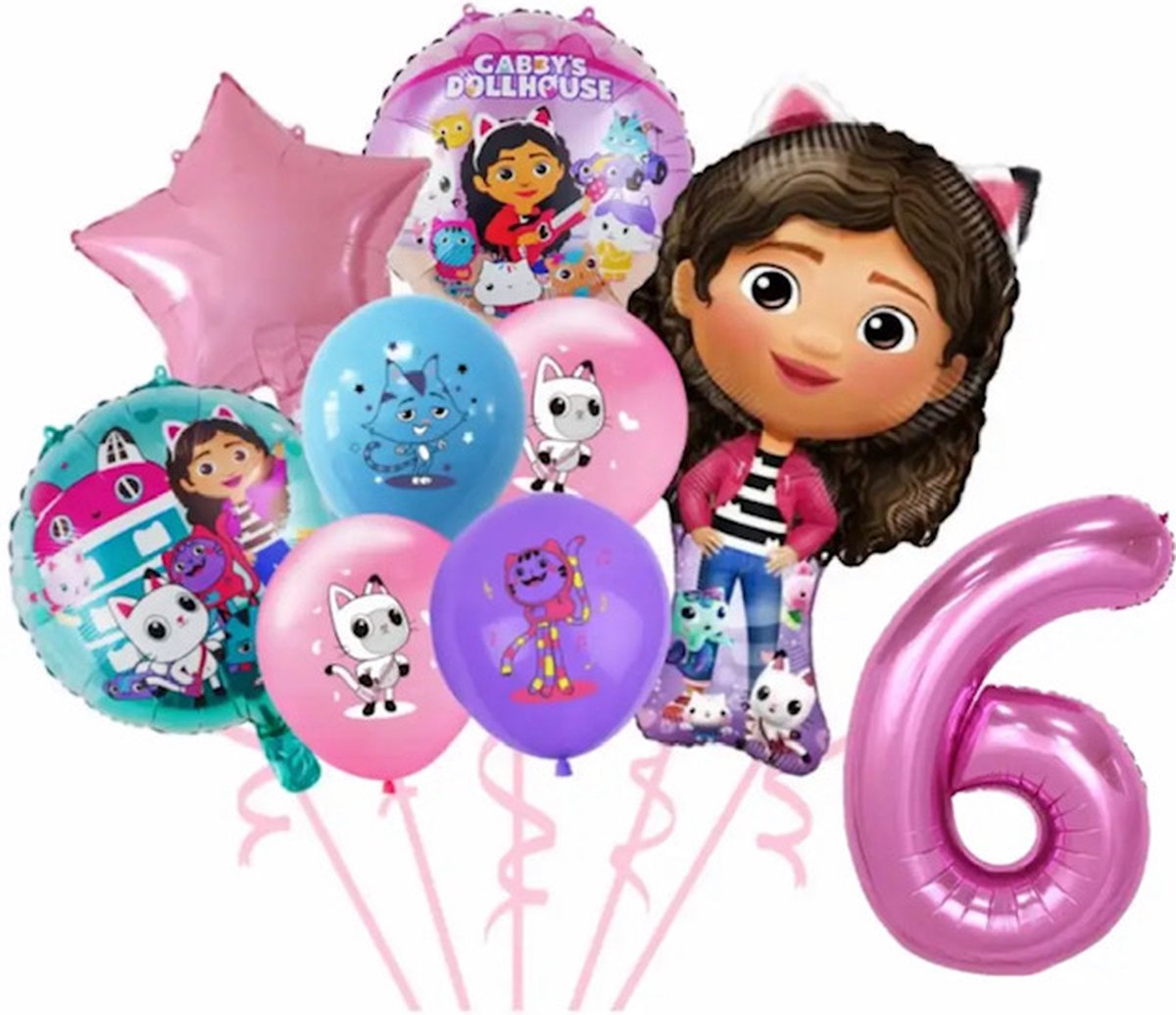 Gabbys Poppenhuis - 6 Jaar - Ballonnenset- 9 Stuks - Gabbys Dolhouse - Feestversiering - Kinderfeestje - Verjaardagsfeestje - Helium ballon - Roze / Paarse / Blauwe Ballon - Happy Birthday